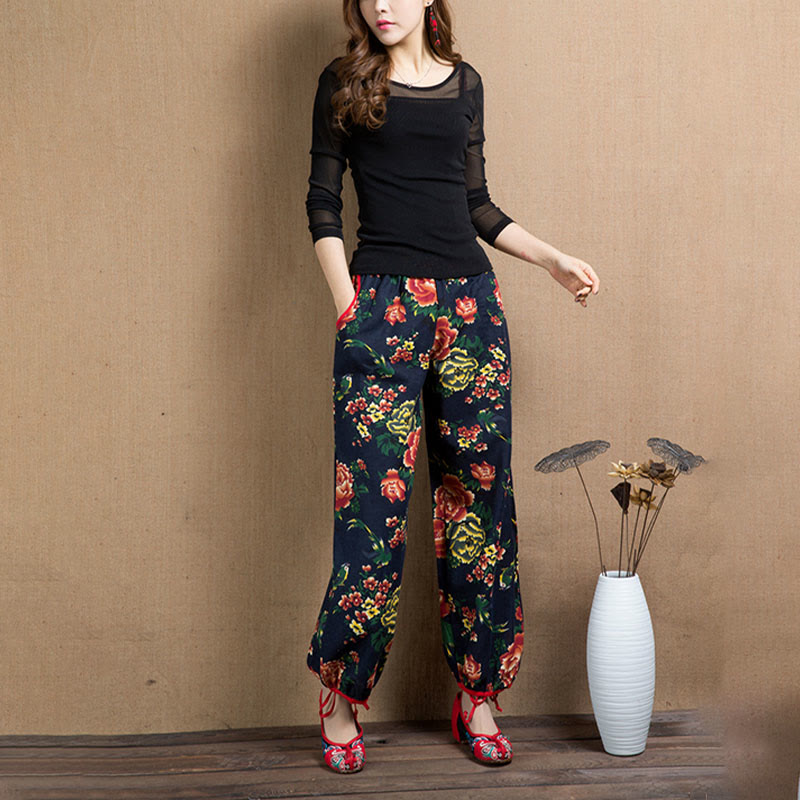 Buddha Stones Ethnic Style Red Green Flowers Print Harem Pants With Pockets