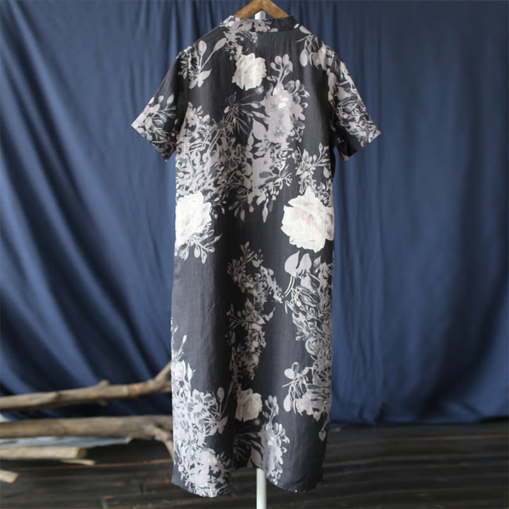 Buddha Stones Ramie Linen Blue Flowers Leaves Cheongsam Dresses Short Sleeve Dress