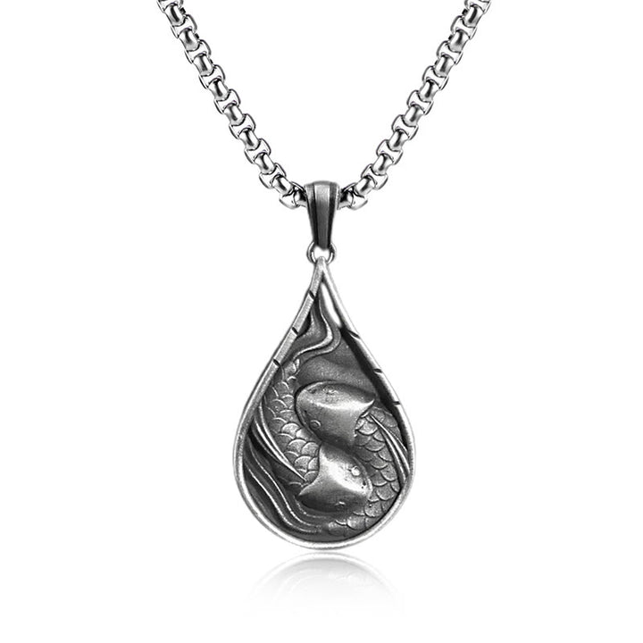 Buddha Stones Double Lucky Koi Fish Prosperity Pure Tin Water Drop Pattern Necklace Pendant - Koi Fish Pendant&Common Chain - image 3