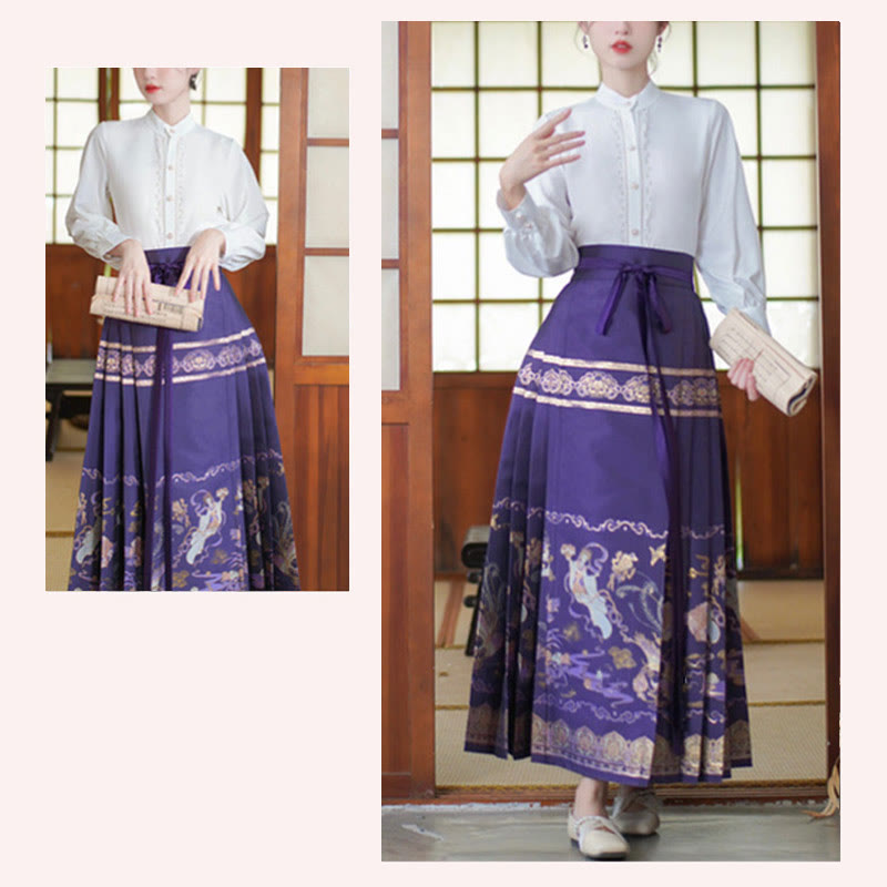 Buddha Stones Long Sleeve Shirt Top Chinese Hanfu Flying Fairy Horse Face Skirt Purple Mamianqun