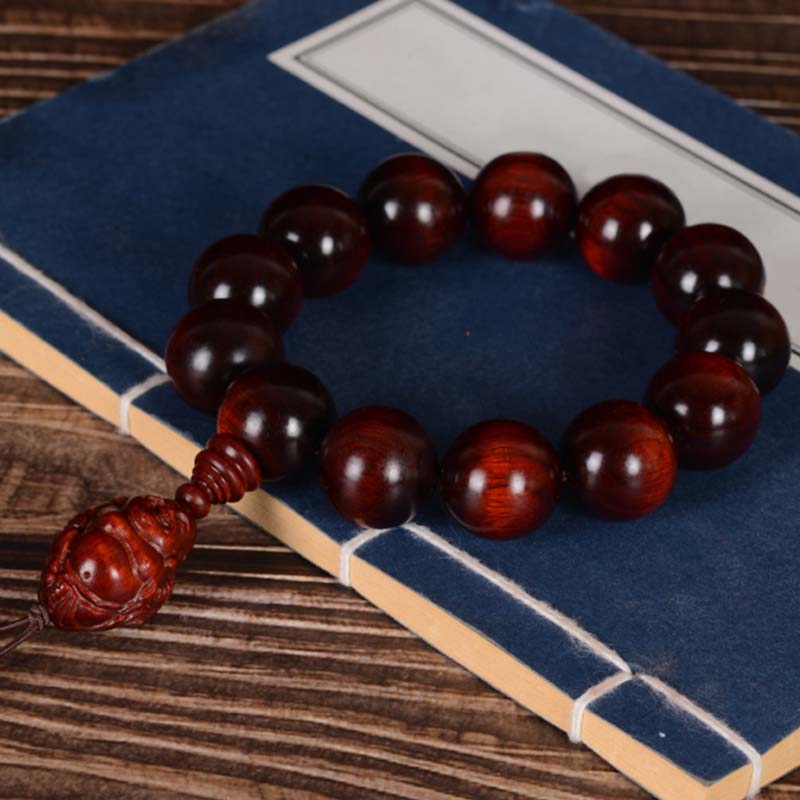 Buddha Stones Small Leaf Red Sandalwood Laughing Buddha God of Wealth Protection Bracelet