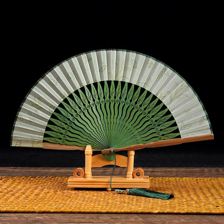 Buddha Stones Green Leaves Handheld Silk Bamboo Folding Fan