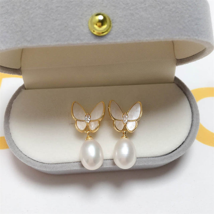 Buddha Stones 925 Sterling Silver Posts 18K Gold Plated Copper Pearl Butterfly Optimism Stud Earrings