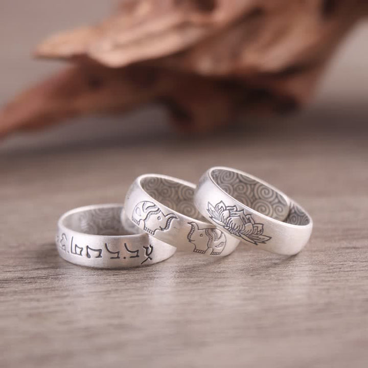 Buddha Stones 999 Sterling Silver Lotus Elephant Six True Words Blessing Ring - image 0