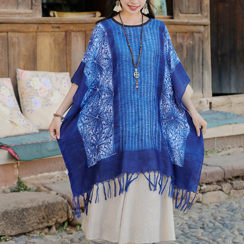 Buddha Stones Blue Geometric Stripes Batik Shawl Tassels Cozy Travel Pullover 90*95cm