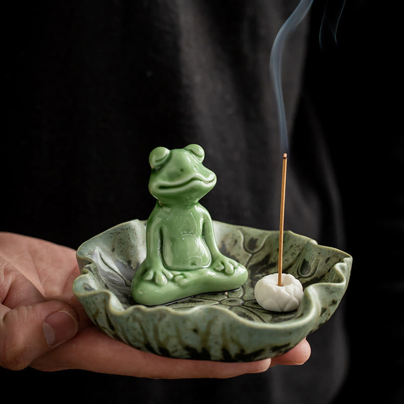 Buddha Stones Leaf Meditation Frog Pattern Healing Ceramic Incense Burner Decoration - image 1