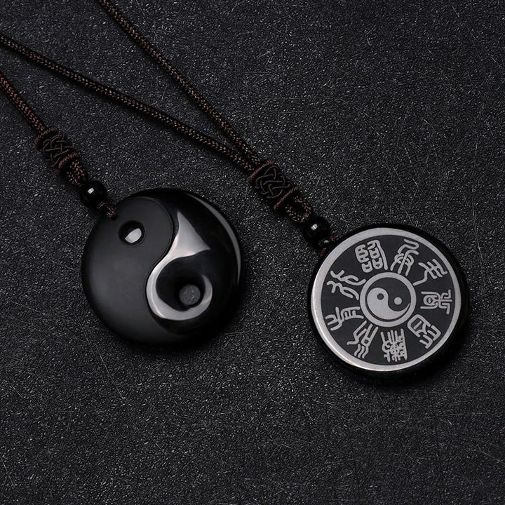 Buddha Stones Black Obsidian Taoism Five Sacred Mountains Nine-Character Mantra Carved Purification Yin Yang Necklace Pendant - image 1