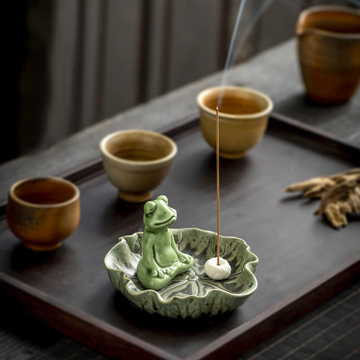 Buddha Stones Leaf Meditation Frog Pattern Healing Ceramic Incense Burner Decoration - image 3