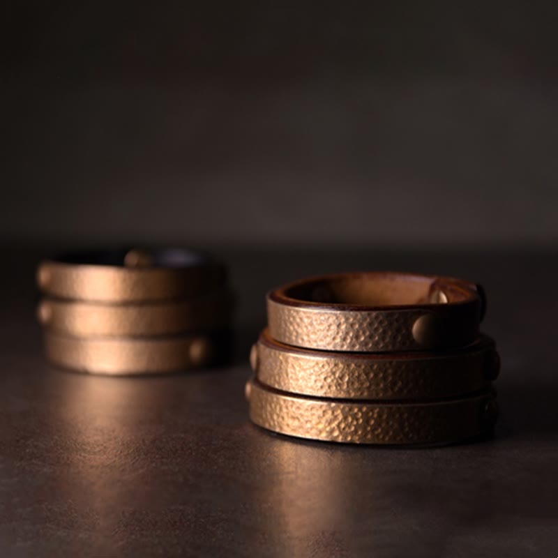 Buddha Stones Vintage Handmade Texture Copper Brass Leather Wealth Bracelet Bangle