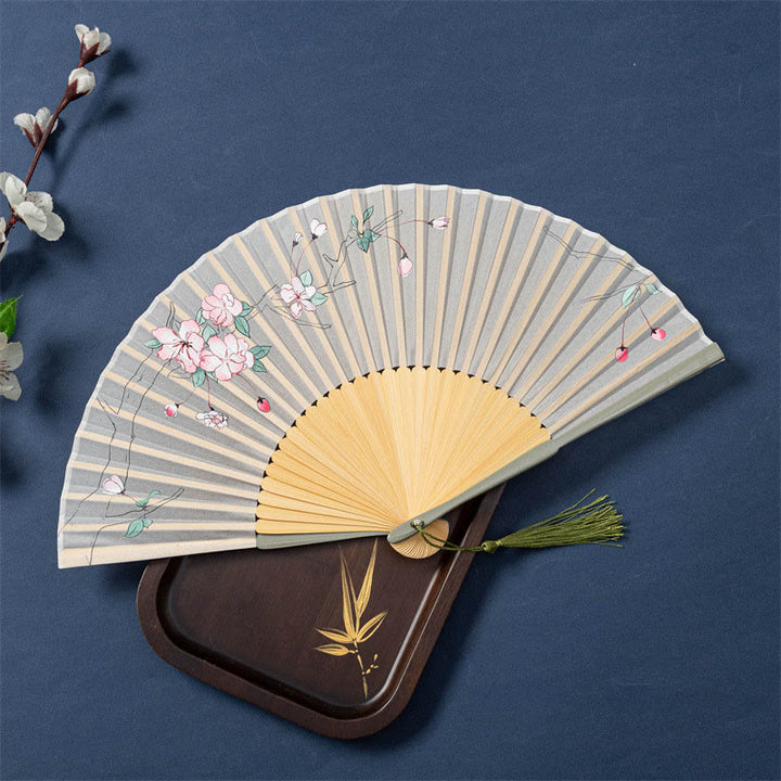 Buddha Stones Lotus Begonia Flower Jasmine Handheld Silk Bamboo Folding Fan 21cm