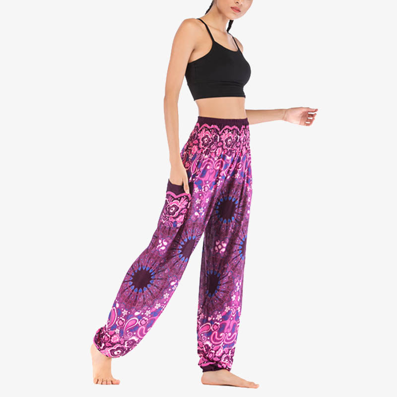 Buddha Stones Geometric Mandala Pattern Loose Harem Trousers High Waist Women's Yoga Pants