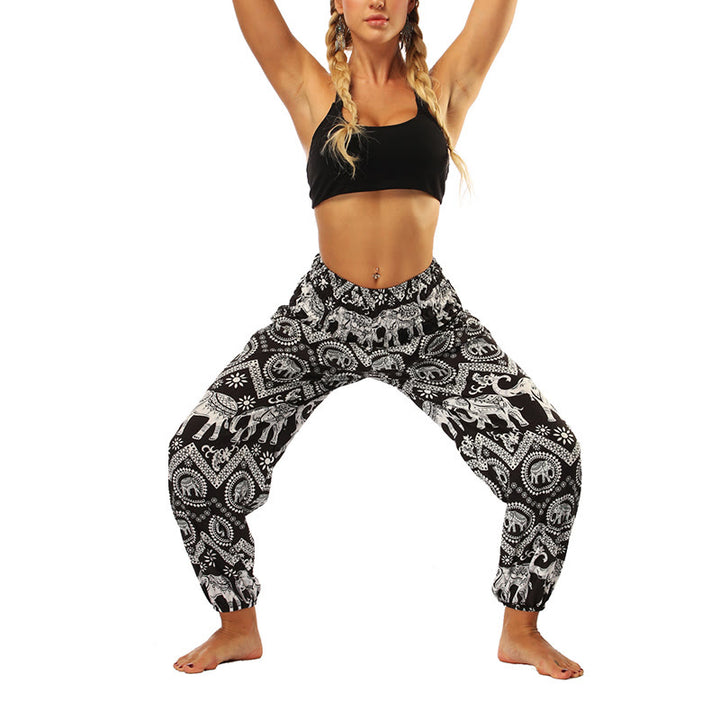 Buddha Stones Boho Loose Geometric Elephant Pattern Harem Trousers Women's Yoga Pants