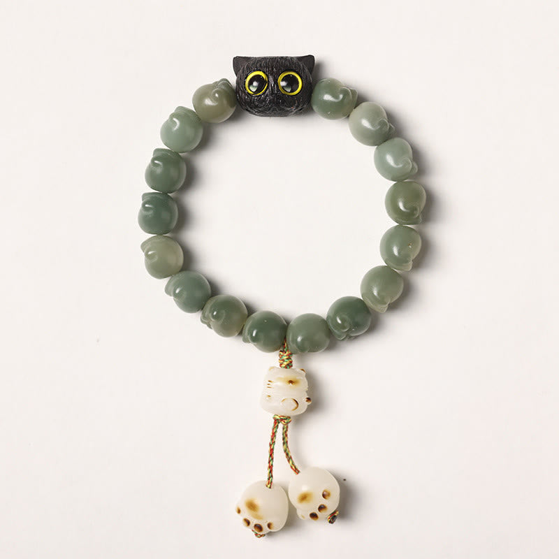 Buddha Stones Natural Bodhi Seed Lovely Paw Ebony Wood Lucky Cat Wisdom Bracelet - Green Bodhi Seed - Tassel Version(Wrist Circumference 14-15cm) - image 15