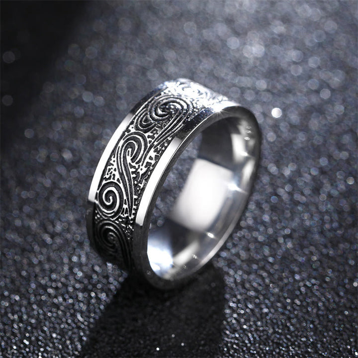 Vintage Wave Auspicious Clouds Engraved Pattern Titanium Steel Balance Ring