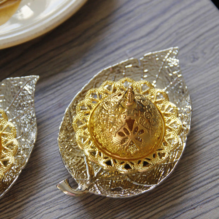 Tibetan Gold Mini Leaf Coaster Meditation Incense Burner - image 16