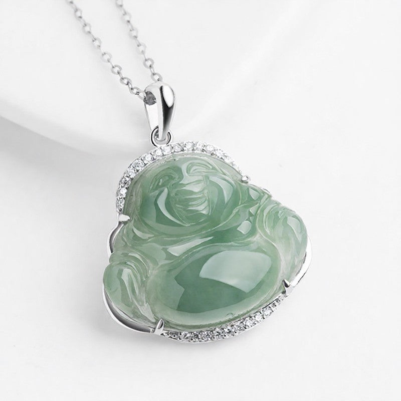 Buddha Stones 925 Sterling Silver Inlay Green Jade Laughing Buddha Luck Pendant Titanium Steel Chain Necklace - image 1