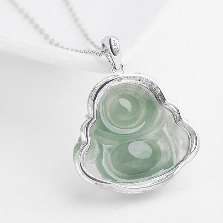 Buddha Stones 925 Sterling Silver Inlay Green Jade Laughing Buddha Luck Pendant Titanium Steel Chain Necklace - image 2