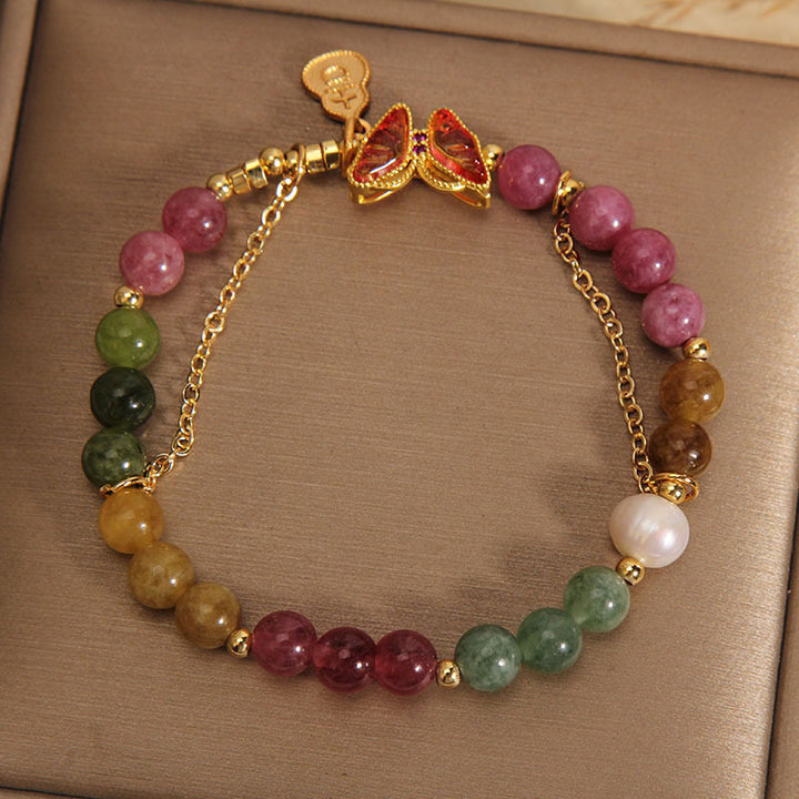 Buddha Stones Natural Colorful Tourmaline Butterfly Auspicious Character Gourd Charm Positive Bracelet