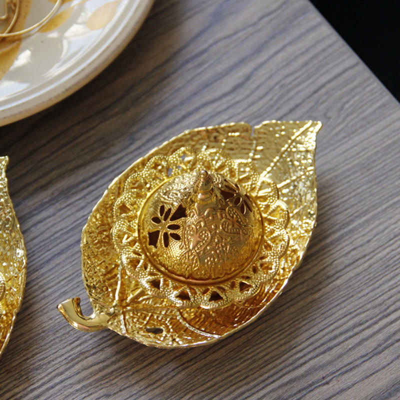 Tibetan Gold Mini Leaf Coaster Meditation Incense Burner - image 4
