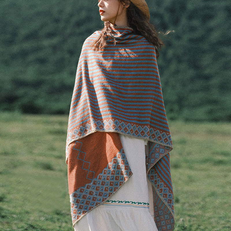 Tibetan Shawl Striped Diamond Pattern Winter Warm Soft Scarf - Orange Light Blue - image 0