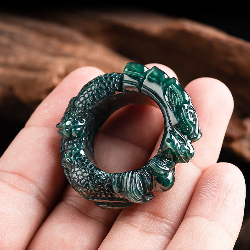 Buddha Stones Natural Cyan Jade Dragon Carved Success Ring - image 8