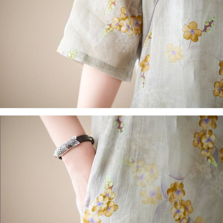 Buddha Stones Yellow Flowers Print Cheongsam Midi Dress Cotton Linen Half Sleeve Dress With Pockets