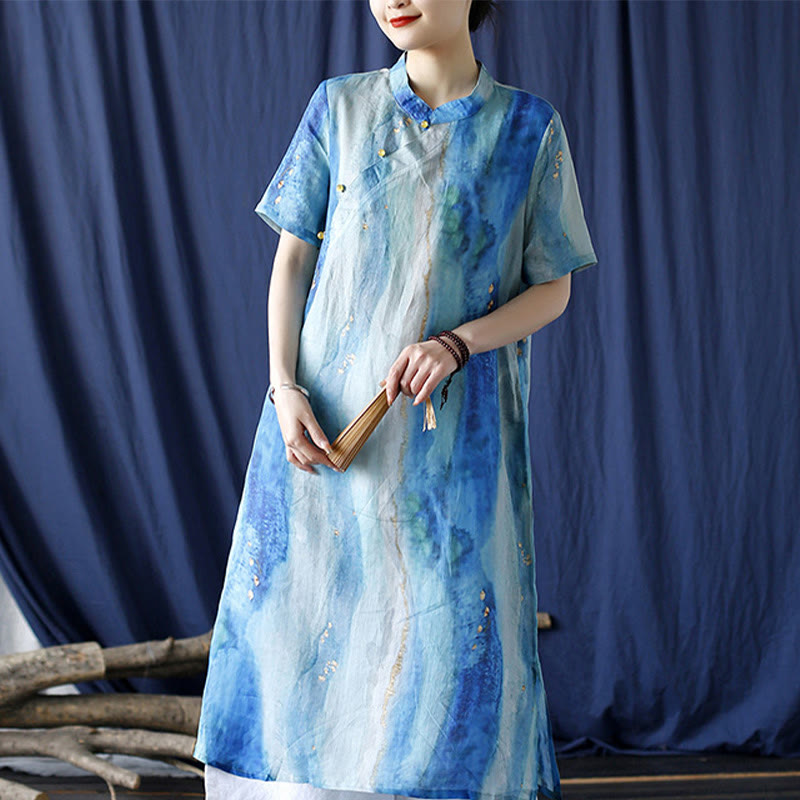 Buddha Stones Ramie Blue Digital Printing Cheongsam Dresses Short Sleeve Linen Dress