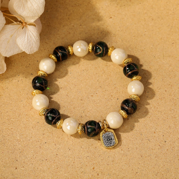 Buddha Stones Tibetan Zakiram Goddess of Wealth Charm Liuli Glass Incense Ash Porcelain Bead Protection Bracelet - Beige Porcelain - Green Liuli Glass Bead - image 11
