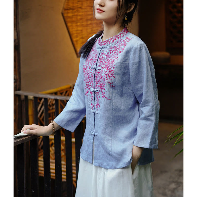 Buddha Stones Flower Embroidery Frog-button Design Shirt Top Linen Clothing