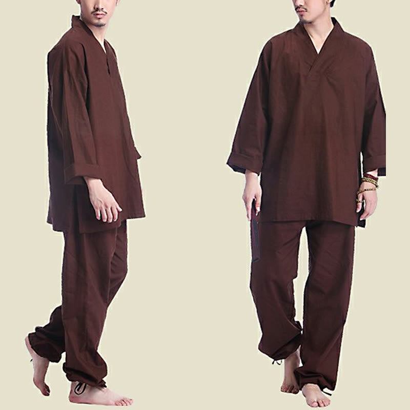 Buddha Stones Meditation Prayer V-neck Design Cotton Linen Spiritual Zen Practice Yoga Clothing Men's Set - image 9