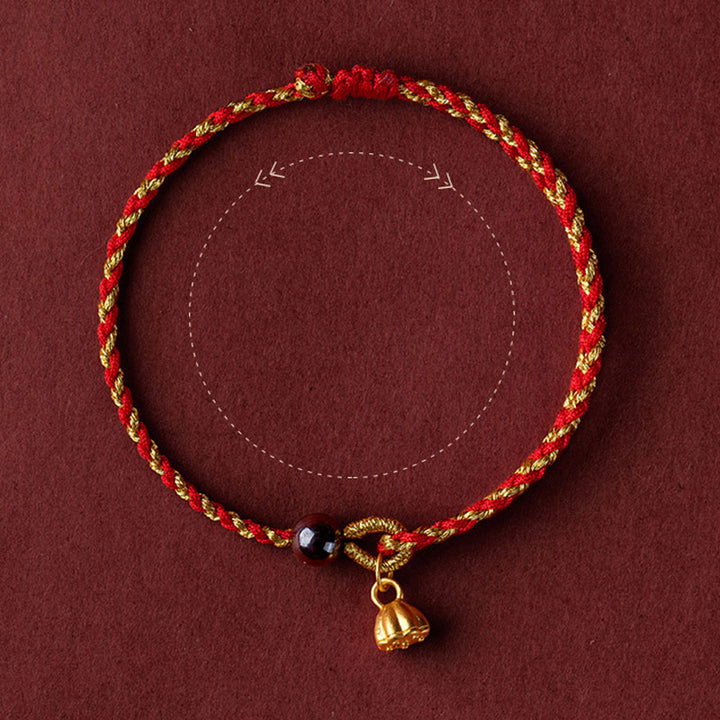 Buddha Stones Handcrafted Red Gold Rope Lotus Peace And Joy Charm Braid Bracelet