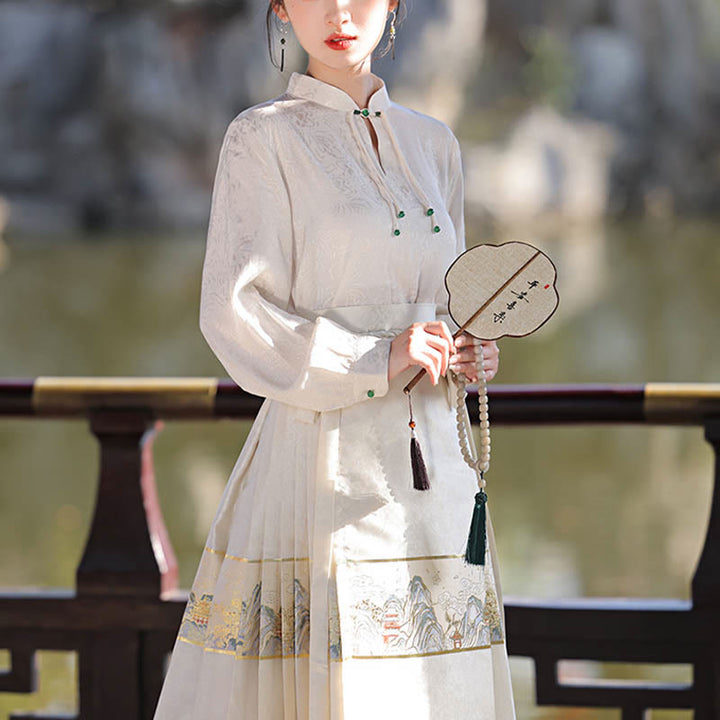 Buddha Stones Beige A Panorama of Rivers and Mountains Printed Chinese Hanfu Horse Face Skirt Mamianqun