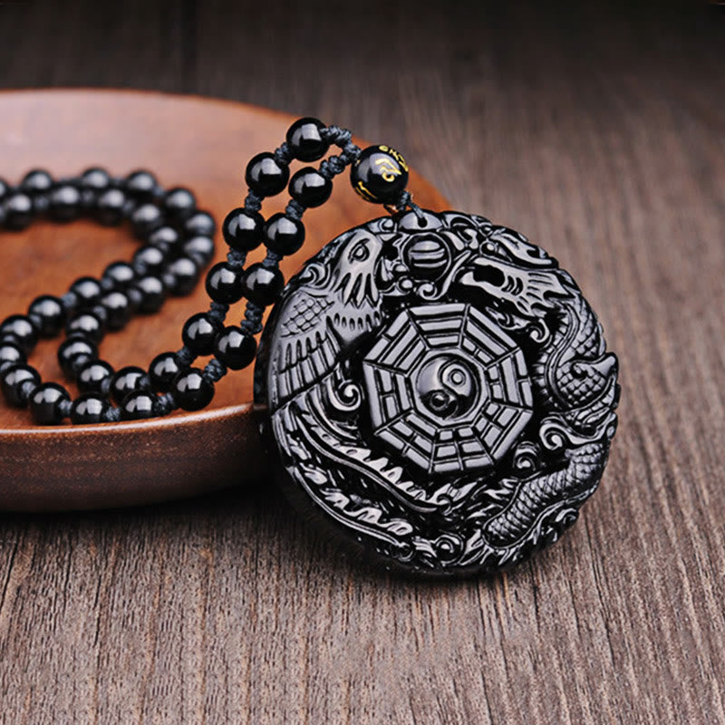 Buddha Stones Bagua Dragon Phoenix Obsidian Fulfilment Pendant Necklace - image 8