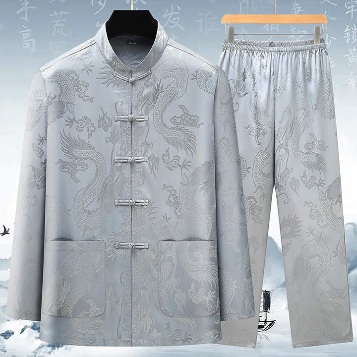 Buddha Stones Tang Suit Men Hanfu Chinese Dragon Traditional Clothes Kung Fu Shirt Uniform Long Sleeved Coat Tops and Pants Clothing Men's Set