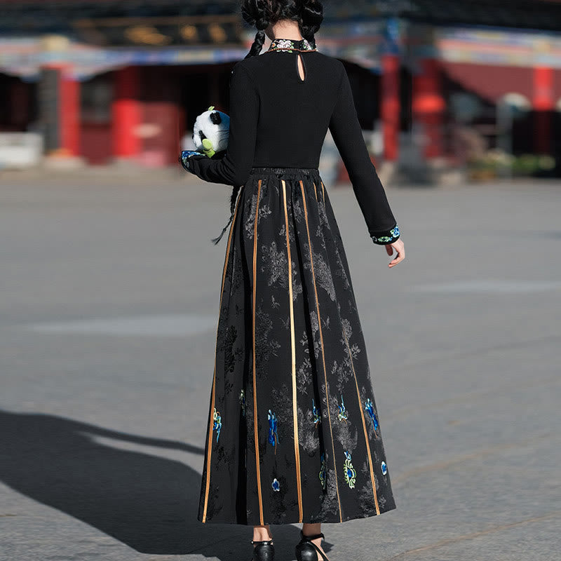 Buddha Stones Long Sleeve T-Shirt Top Tee Chinese Hanfu Embroidery Colorful Peony Flowers Horse Face Skirt Mamianqun