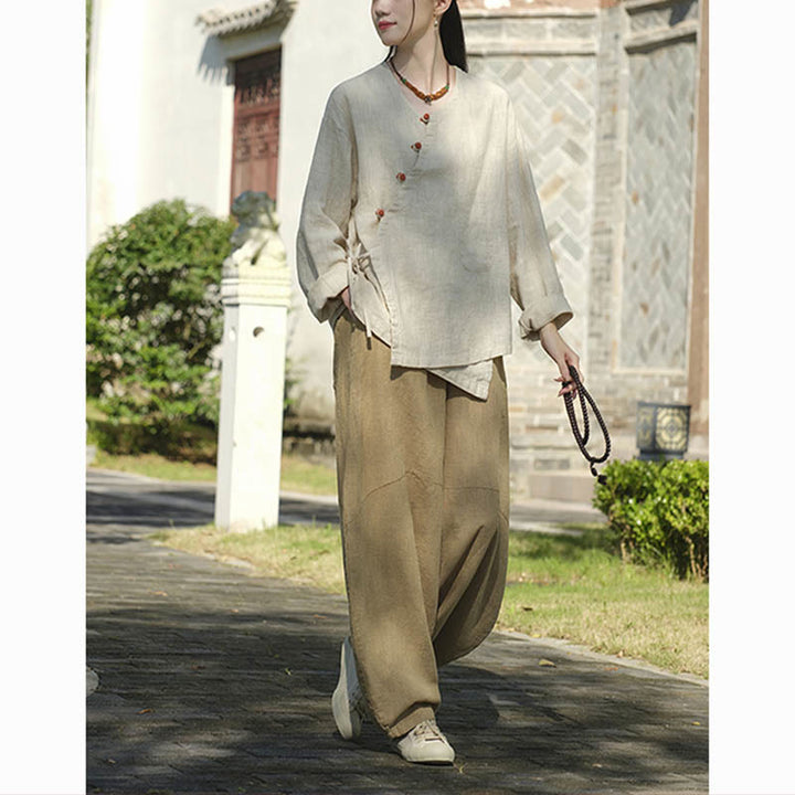 Buddha Stones Solid Color Ramie Linen Loose Blouse Long Sleeve Shirt Chinese Hanfu Top