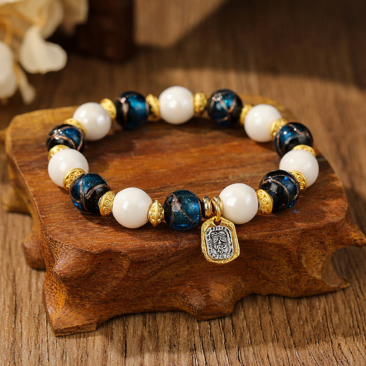 Buddha Stones Tibetan Zakiram Goddess of Wealth Charm Liuli Glass Incense Ash Porcelain Bead Protection Bracelet - White Porcelain - Blue Liuli Glass Bead - image 10