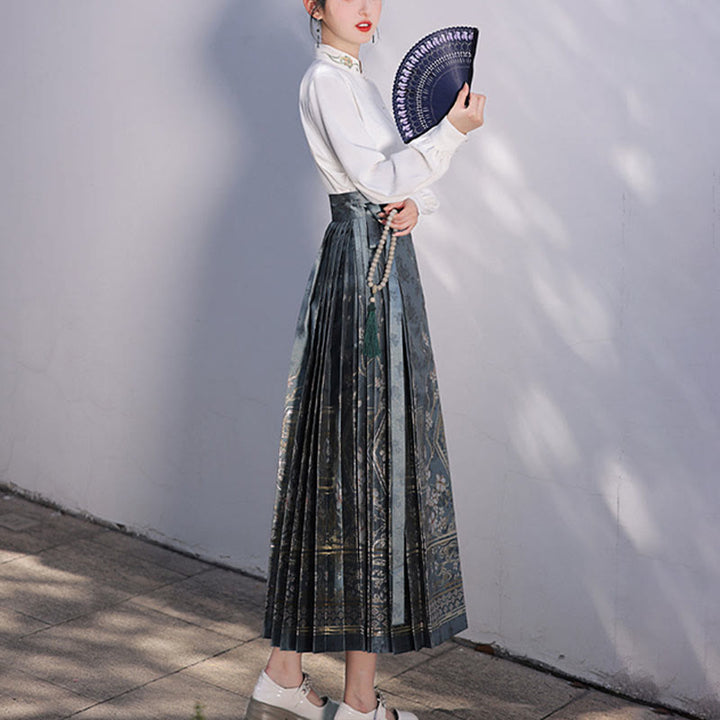 Buddha Stones Chinese Hanfu Blue Patio Plum Blossoms Printed Horse Face Skirt Mamianqun