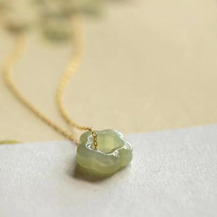 Buddha Stones Dainty Hetian Jade Cyan Jade Luck Floral Charm Necklace Pendant - image 7