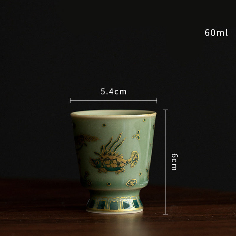 Buddha Stones Green Porcelain Butterfly Flower Salmon Fish Ceramic Gaiwan Sancai Teacup Kung Fu Tea Cup And Saucer With Lid - Salmon 5.4cm*6cm*60ml - image 15