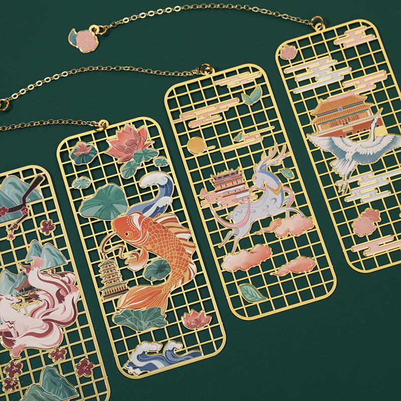 Buddha Stones Elk Koi Fish Crane Nine Tailed Fox Metal Brass Hollow Bookmark - image 0