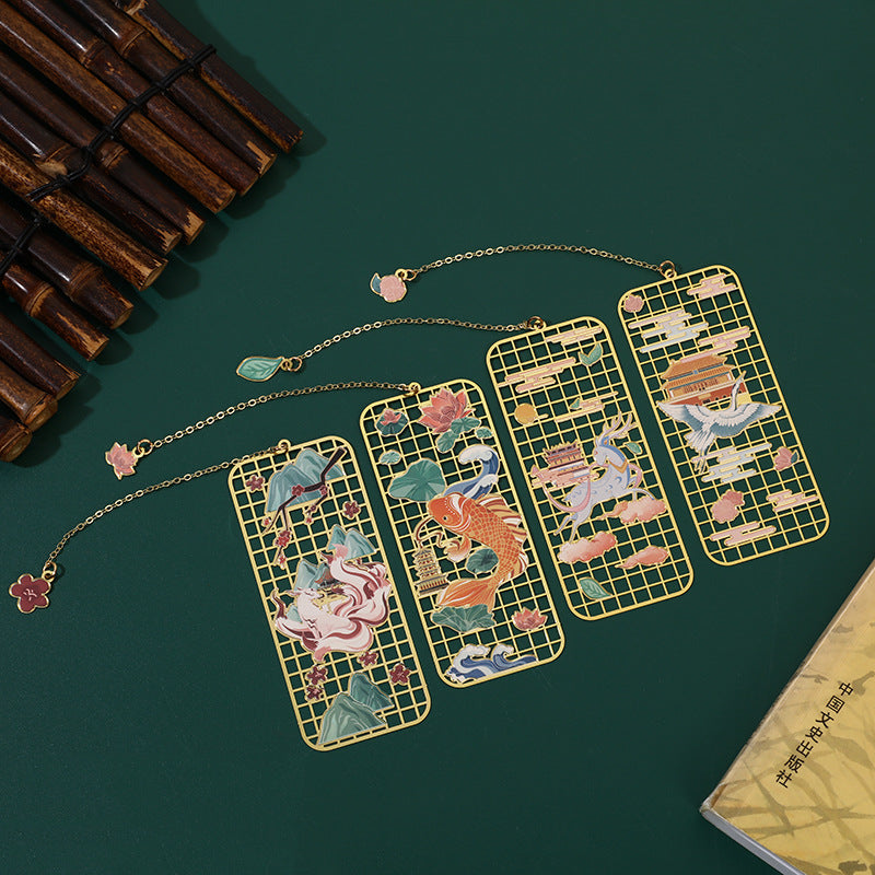 Buddha Stones Elk Koi Fish Crane Nine Tailed Fox Metal Brass Hollow Bookmark - image 1