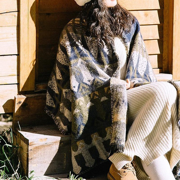 Buddha Stones Tibetan Shawl Classic Geometry Pattern Winter Cozy Travel Scarf Wrap - Blue 210*65cm - image 12