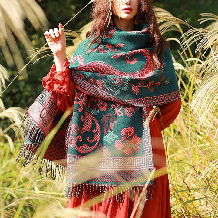 Buddha Stones Tibetan Flowers Leaves Pattern Design Shawl Cozy Travel Scarf Wrap - Green - image 0