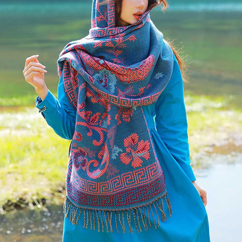 Buddha Stones Tibetan Flowers Leaves Pattern Design Shawl Cozy Travel Scarf Wrap - Blue - image 9