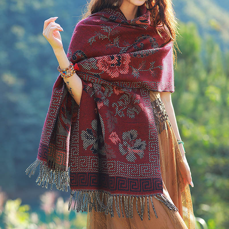 Buddha Stones Tibetan Flowers Leaves Pattern Design Shawl Cozy Travel Scarf Wrap - Dark Red - image 19