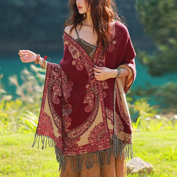 Buddha Stones Tibetan Vine Leaves Pattern Design Shawl Cozy Travel Scarf Wrap - Red Beige - image 0