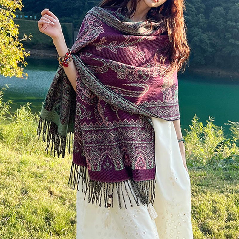 Buddha Stones Vintage Tibetan Leaves Pattern Design Shawl Cozy Travel Scarf Wrap - Purple - image 0