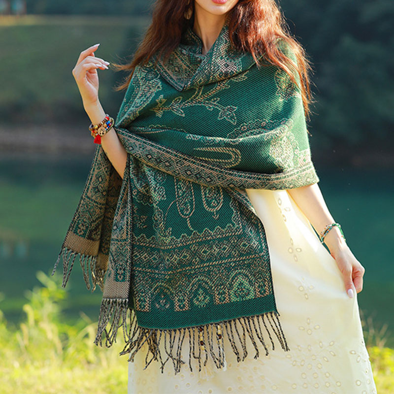Buddha Stones Vintage Tibetan Leaves Pattern Design Shawl Cozy Travel Scarf Wrap - Dark Green - image 21