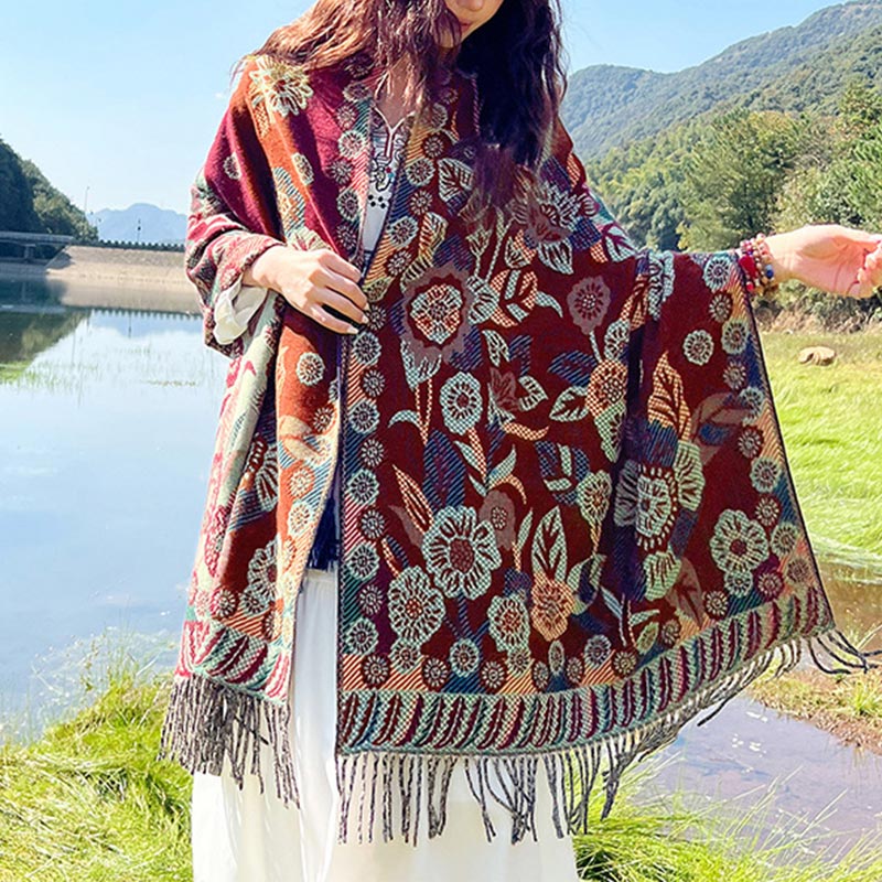 Buddha Stones Tibetan Flower Floral Leaves Pattern Design Shawl Cozy Travel Scarf Wrap - Red - image 29